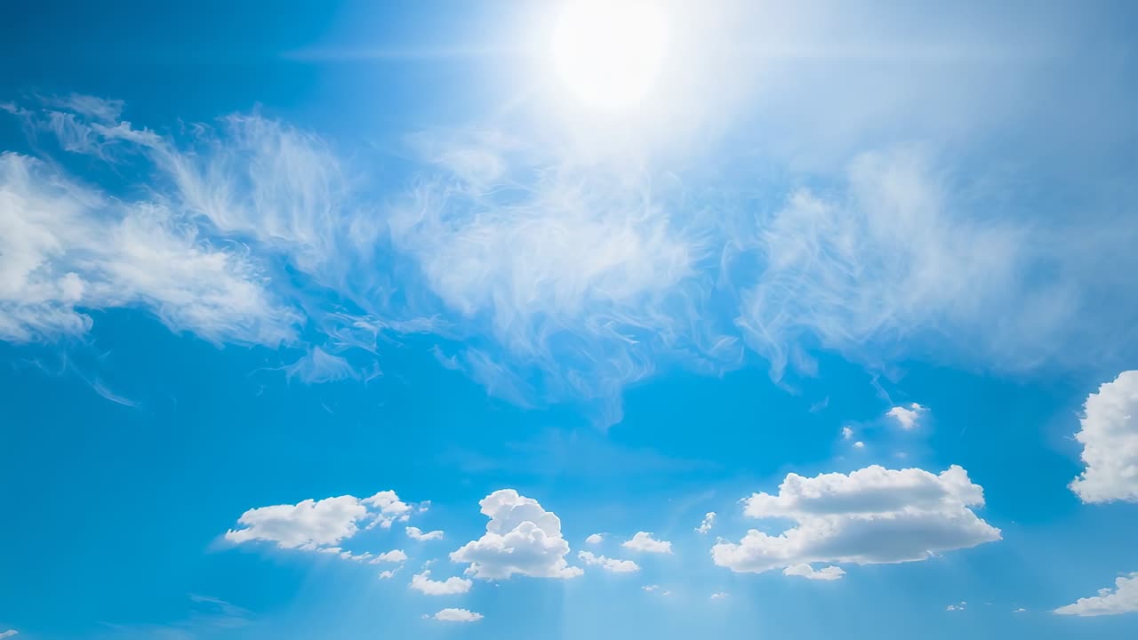 Camera recording sun shining in blue sky while cirrus clouds drifting and cumulus clusters shifting