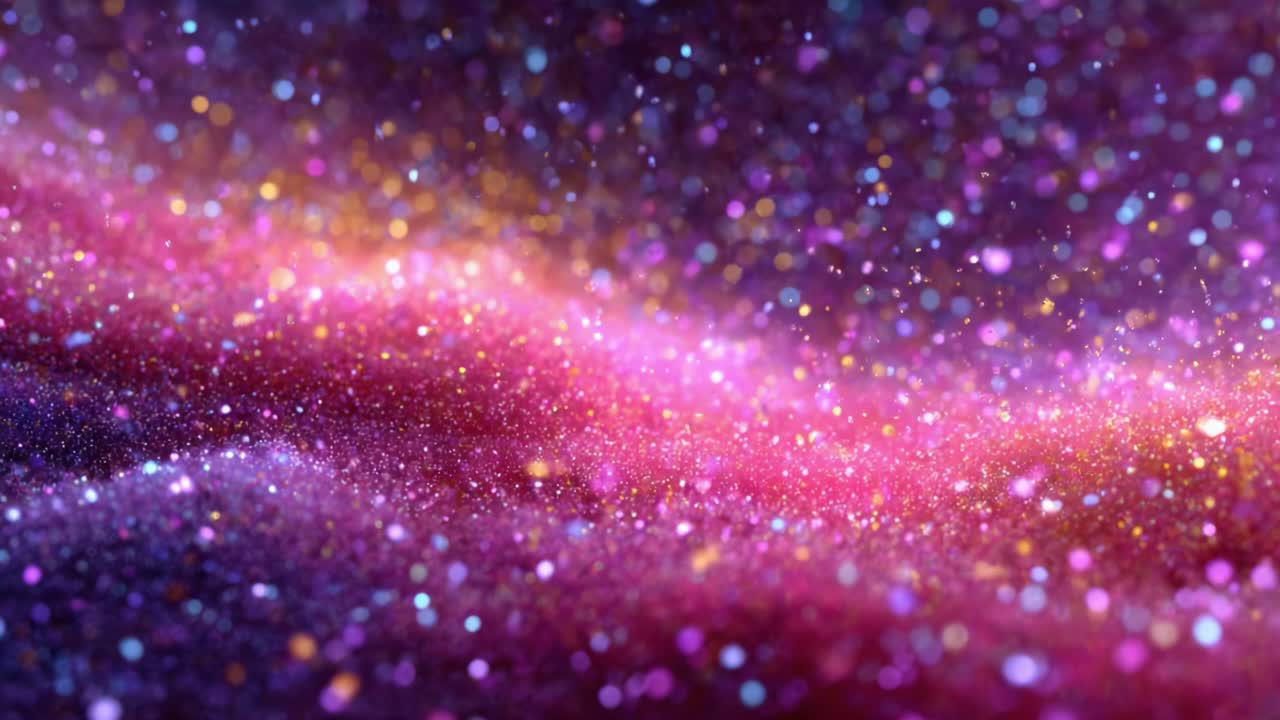 Et levende, kosmisk landskab fyldt med farverige, funklende partikler, der skaber en visuel symfoni af lys og farver i et abstrakt univers.