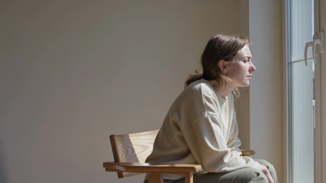 Leaning woman in beige sweater sunlight drawing gaze out window on wooden armchair home, copy space