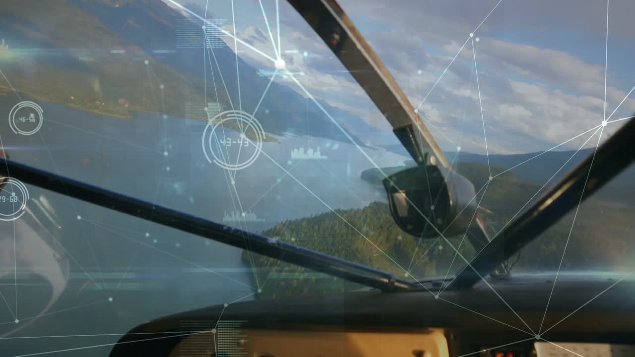 비행하는 비행기 위의 연결 네트워크의 애니메이션