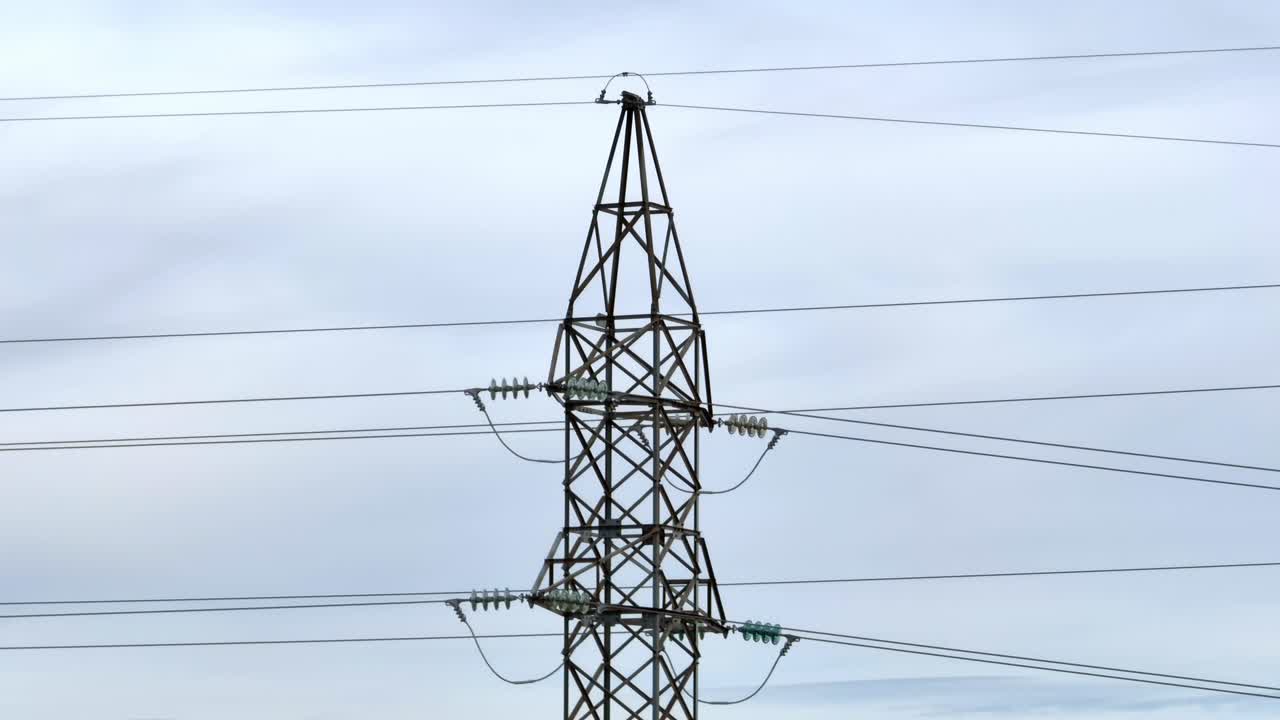 Aerial view of transmission tower: High Voltage power lines
