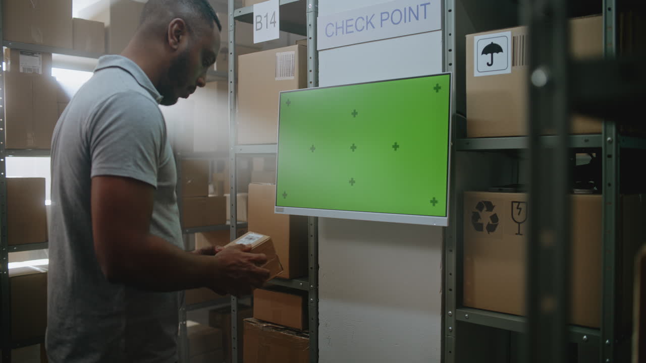 trabajador de almacén inspeccionando paquetes con un monitor de pantalla verde