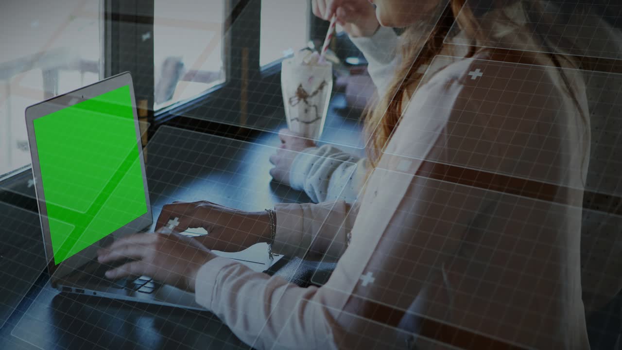 Woman sitting window seat green app popping gestures animating tech HUD checking map while sipping