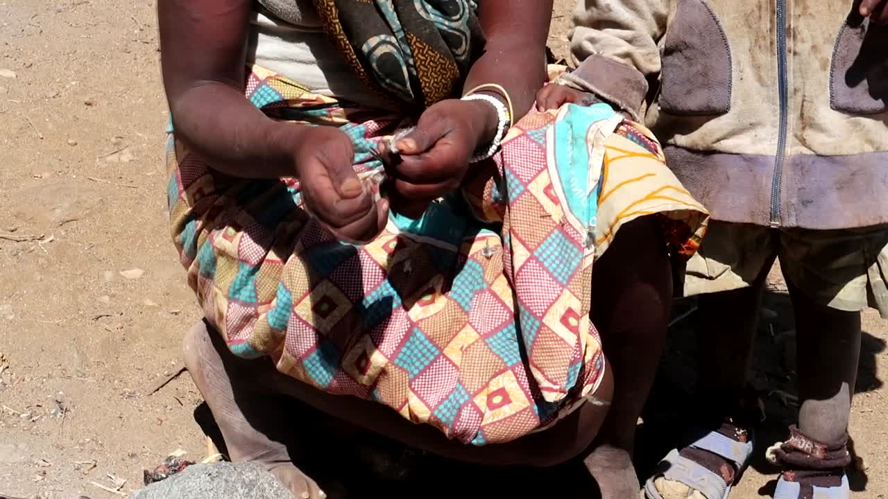 사냥된 새를 뽑는 인식할 수 없는 하다베 여성의 클로즈업