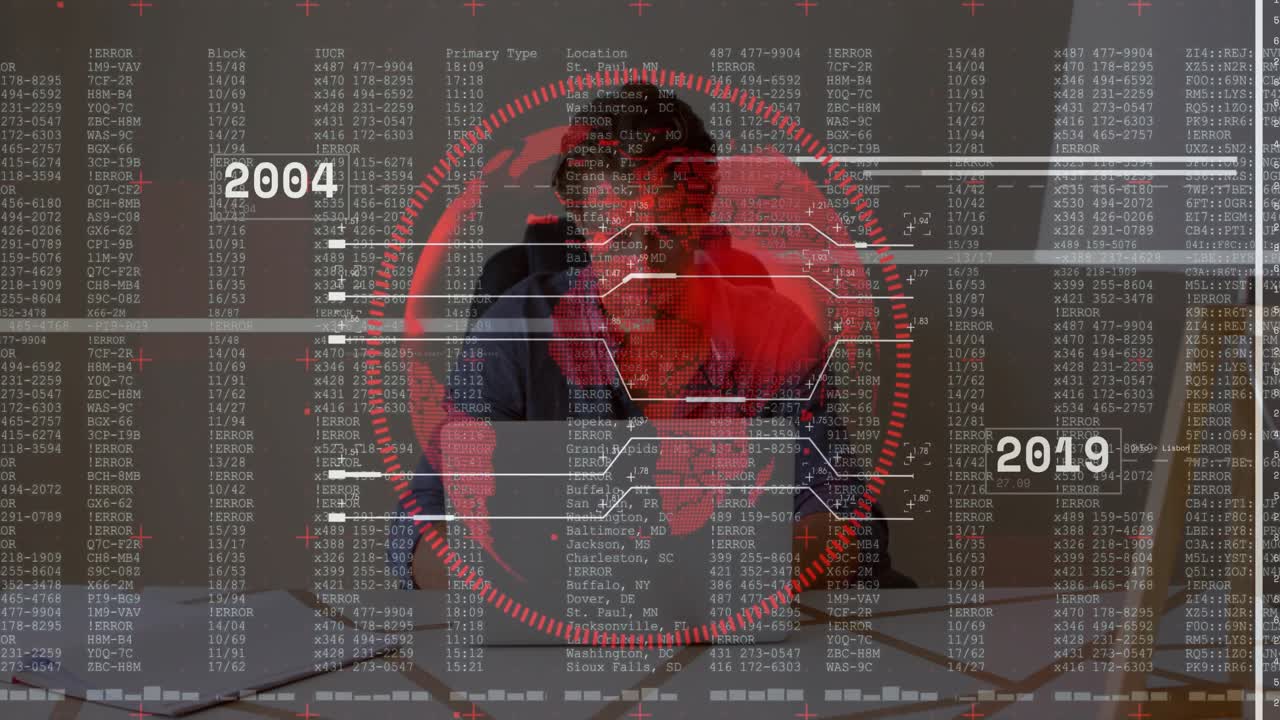 Man typing on laptop triggers hologram cycling labels and nodes for global data scan