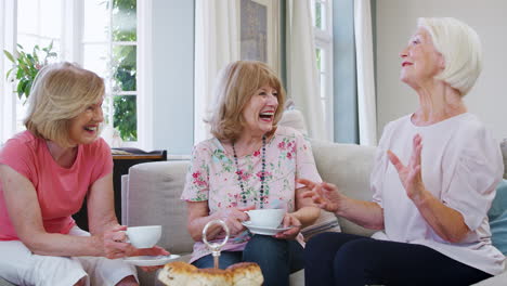 senior female friends enjoying afternoon tea at home together