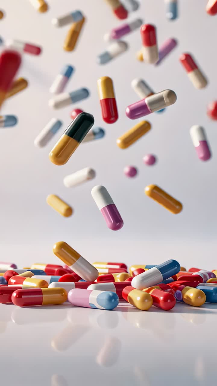 Vertical video: Falling colorful capsules from above on glossy tabletop forming dense powder pile