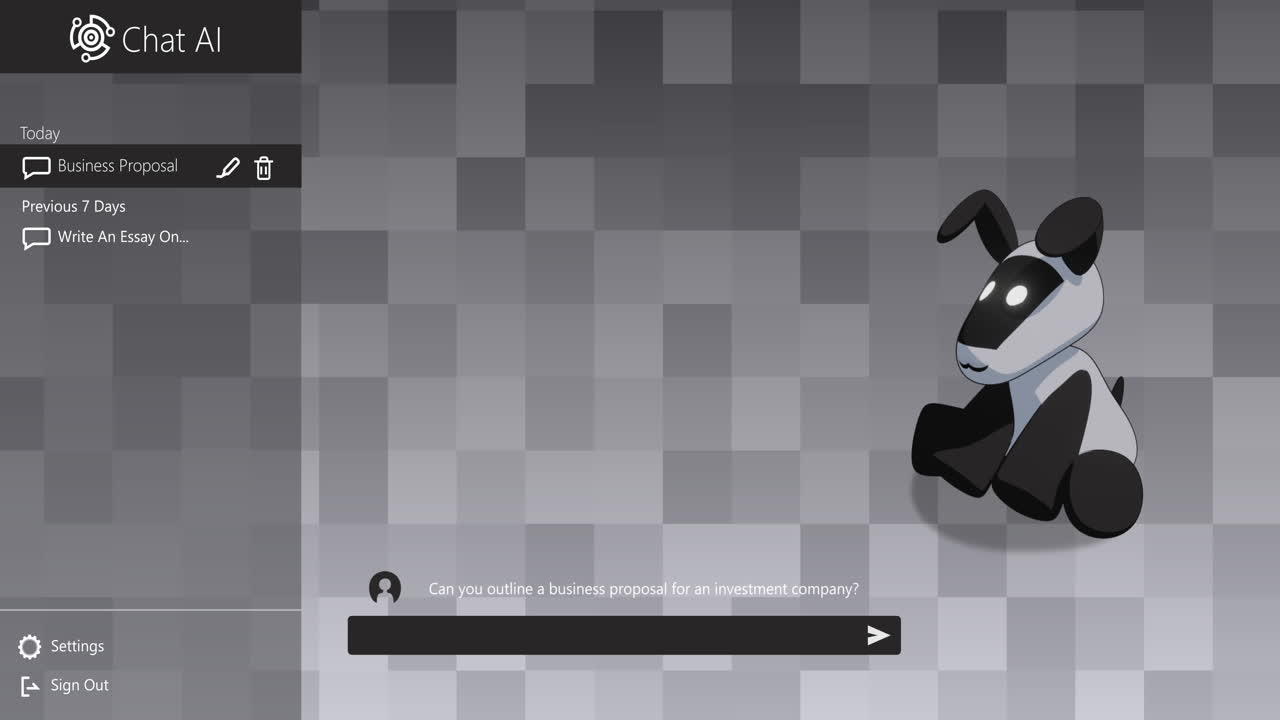 Animation of ai chat icons and data processing on grey pixelated background
