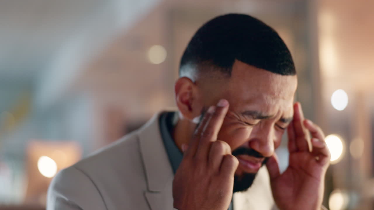 Business man, headache and pain on computer