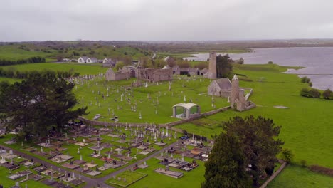 aerial pullback of clonmacnoise and the cemetery