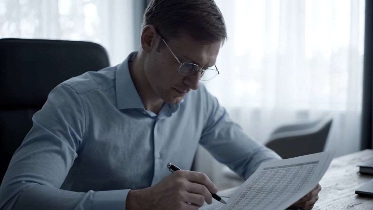 Focused Professional Analyzing Data Sheets in a Bright Office Environment with Natural Light Pouring Through the Windows for Clear Visibility and Concentration