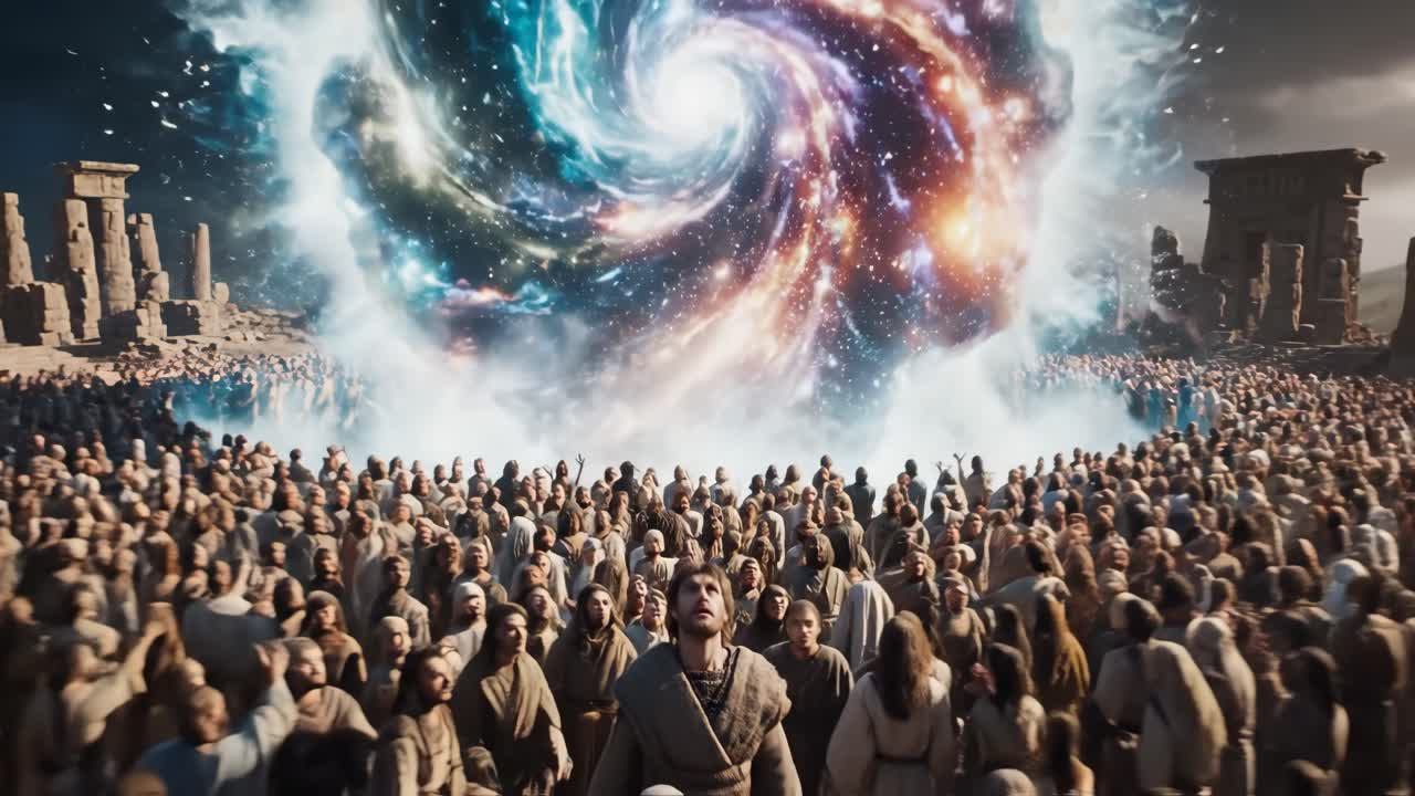 A large crowd witnesses a celestial phenomenon in ancient ruins