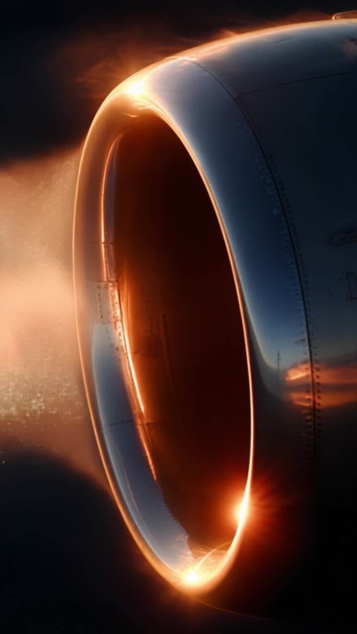 Close-Up of a Jet Engine Turbine Showing Detailed Metallic Surface and Emerging Flames During Takeoff with Dramatic Lighting and Wisps of Exhaust