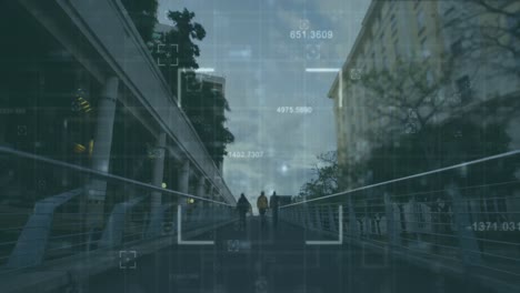 animation of financial data processing over people walking in city