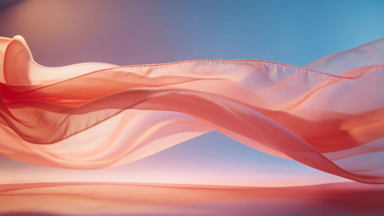Tissu rose-orange flottant dérivant sur un sol brillant en studio, poussé par l'air, avec un bord cousu.