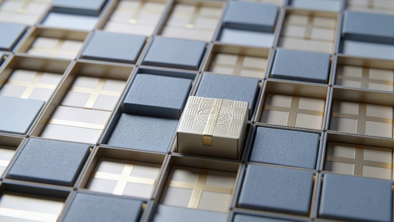 Descending on release gold-cuboid aligning and seating into tray cell at studio desk