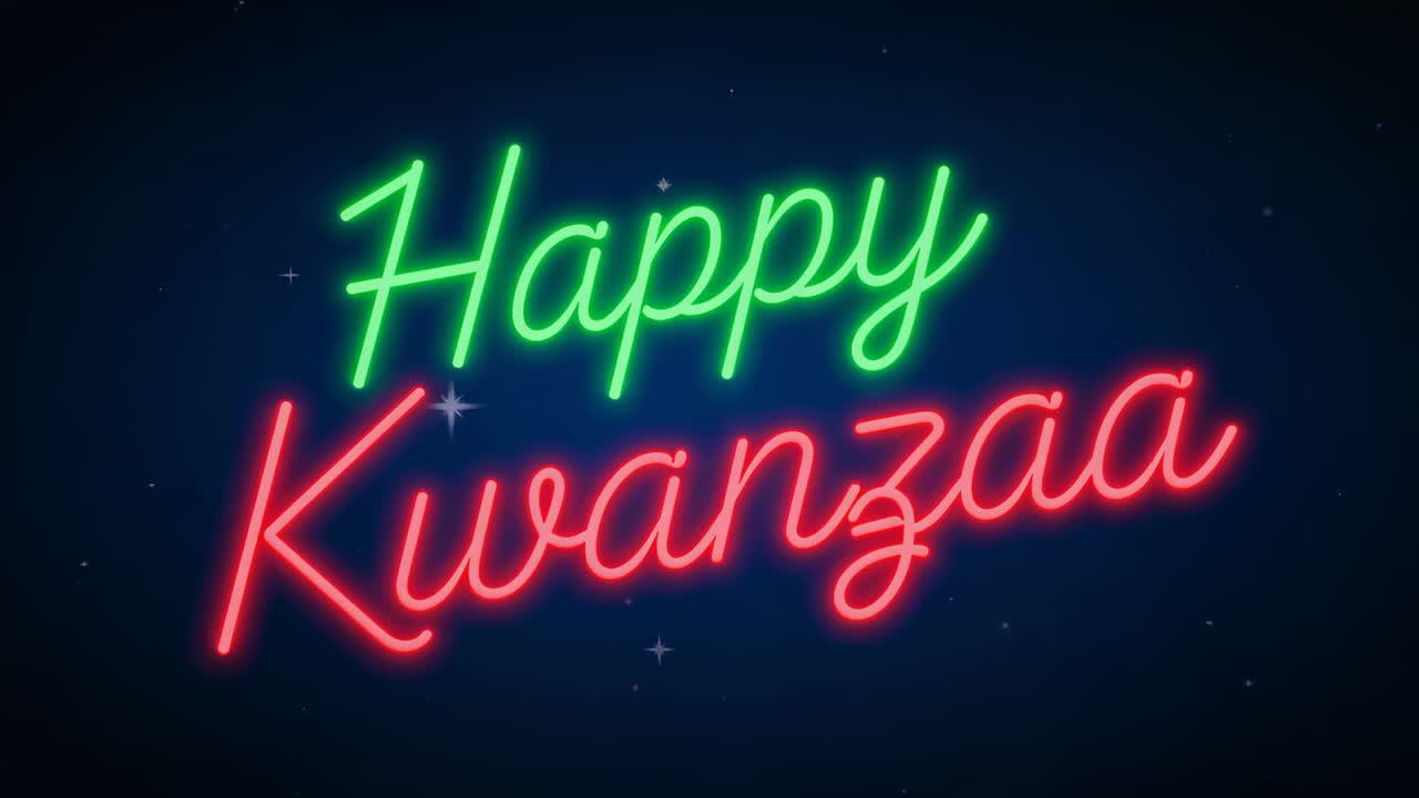 Animation starting neon Happy Kwanzaa pulsing on dark blue background, stars twinkling for holiday