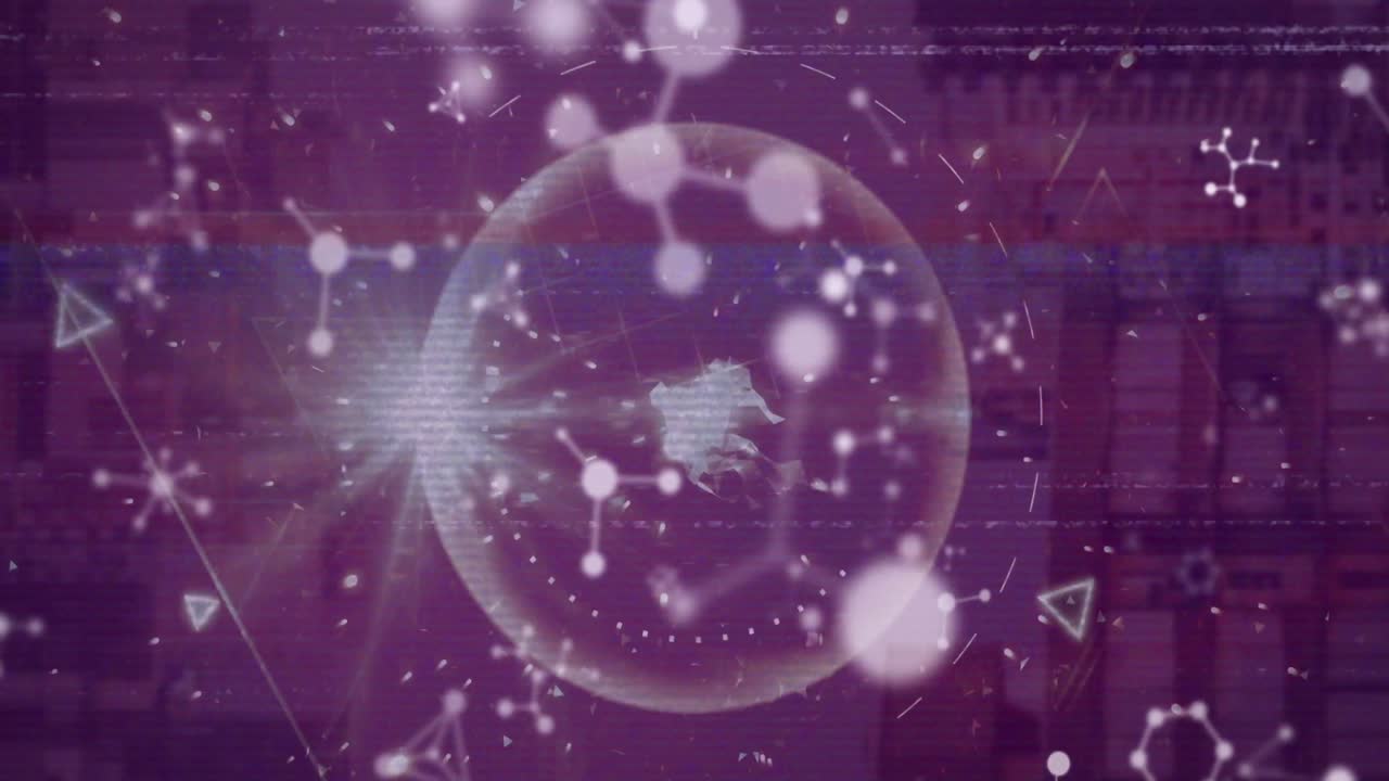 도시 풍경 위의 지구와 분자의 애니메이션