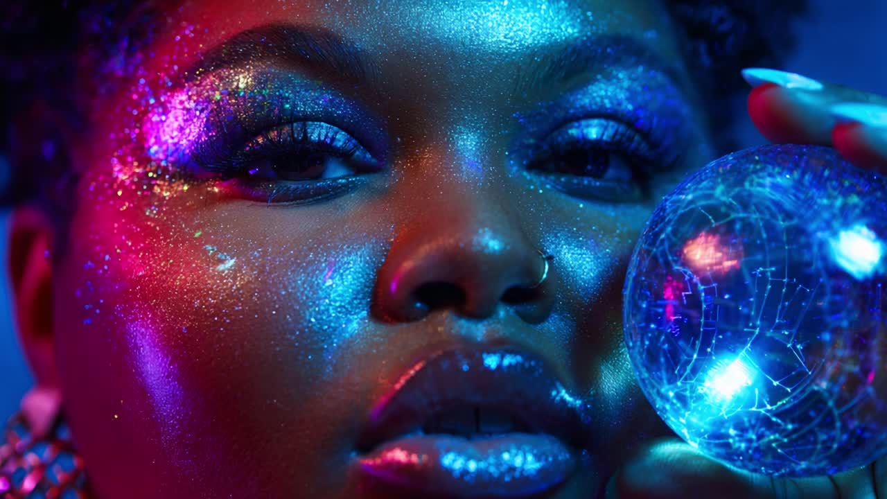 Captivating Close-Up of a Glamorous Individual with Shimmering Makeup and Reflective Glitter, Holding a Crystal Ball in a Vibrant Colorful Setting, Emphasizing Beauty and Expression