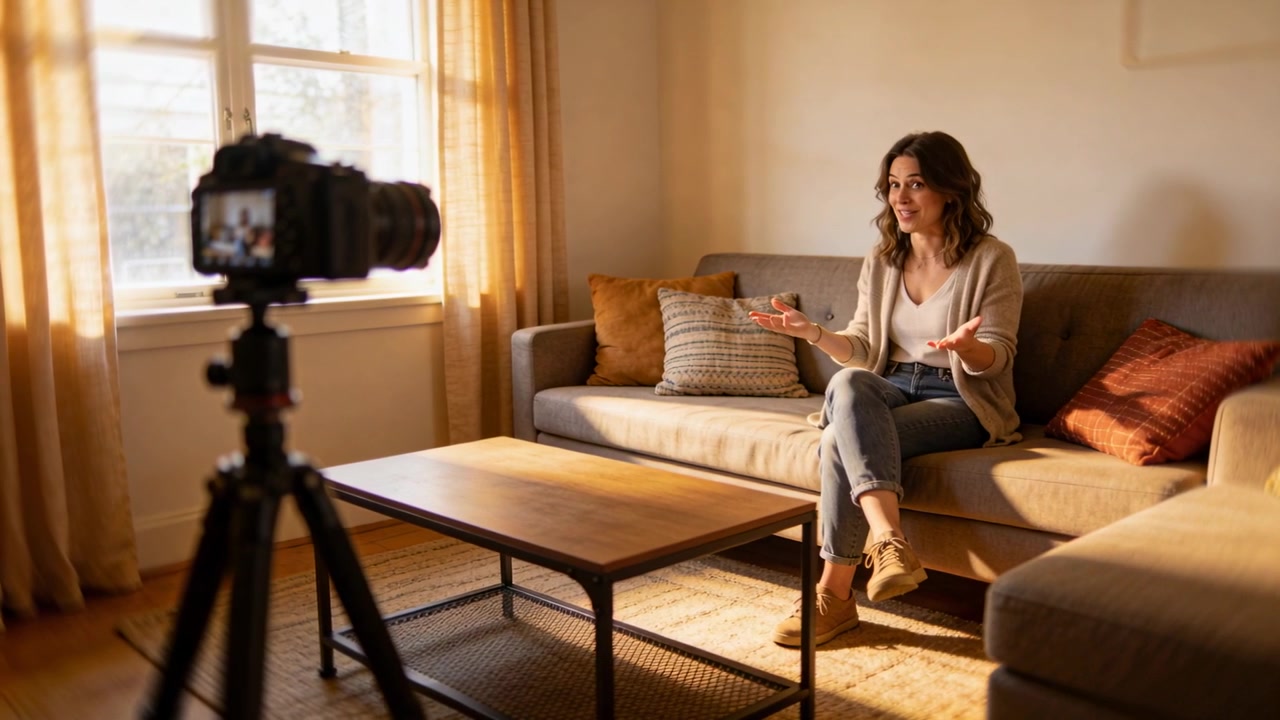 Avvio della registrazione con telecamera su treppiede, donna in cardigan e jeans che spiega sul divano di casa, gesticolando.