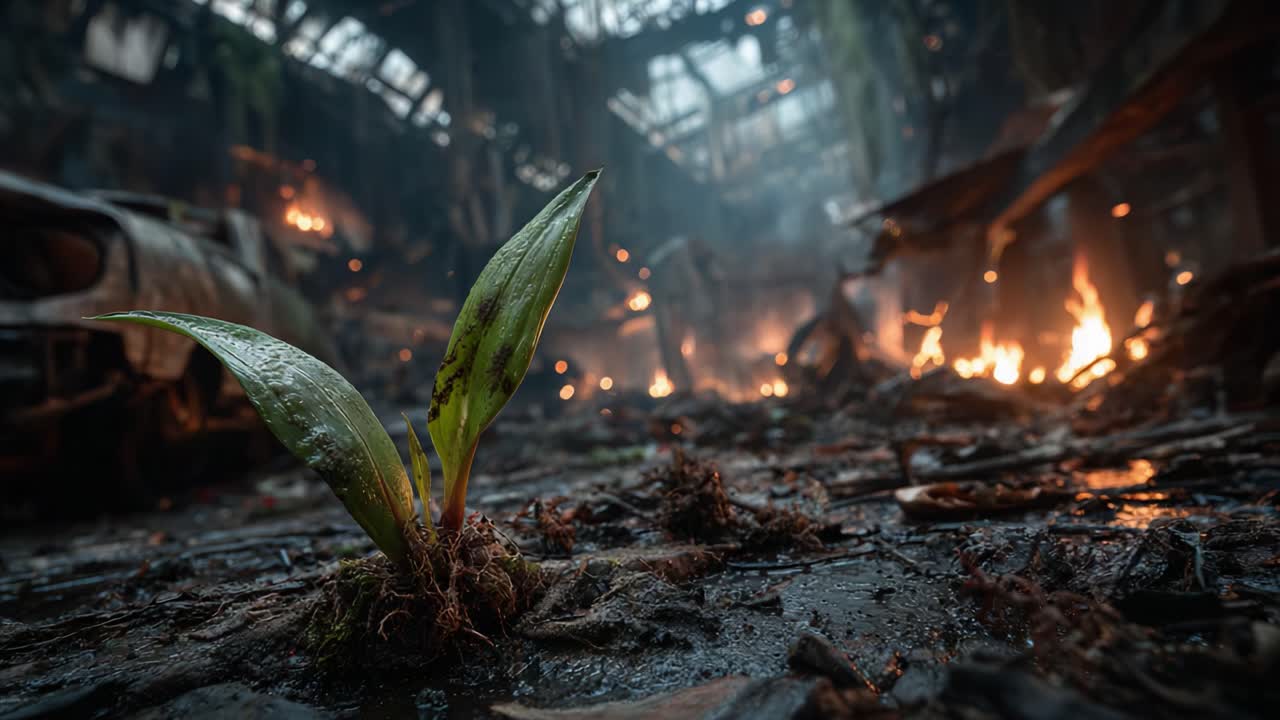 Un brote verde resistente emerge de los restos calcinados de un entorno devastado, simbolizando la esperanza en medio de la destrucción y el poder de la naturaleza para reclamar su espacio.