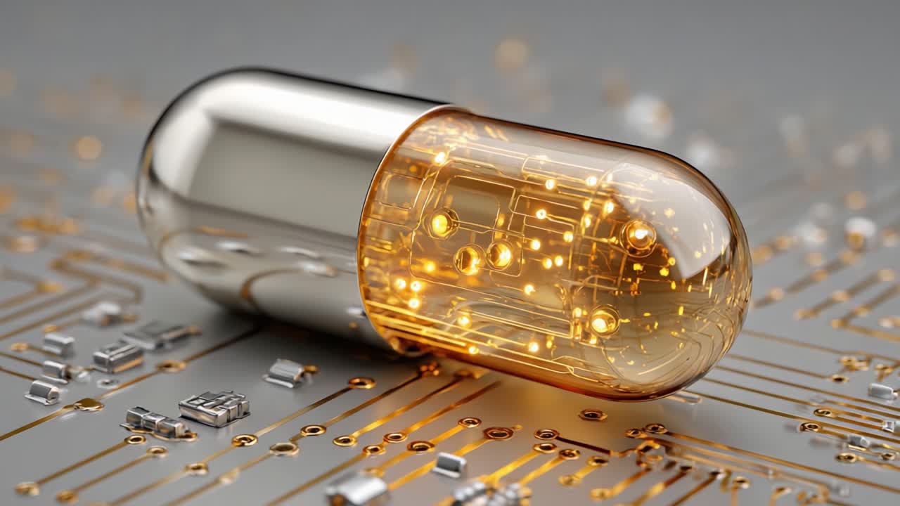 Futuristic Capsule Merging Technology and Medicine, Showcasing a Glowing Circuitry Within a Transparent Pill on a High-Tech Surface Reflecting Innovation