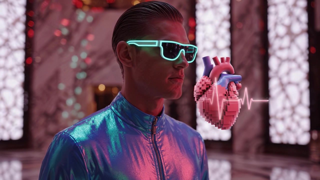 Ritratto futuristico di un individuo elegante con occhiali da sole al neon e un cuore pixelato in un ambiente abbagliante e illuminato di eleganza moderna e tecnologia.