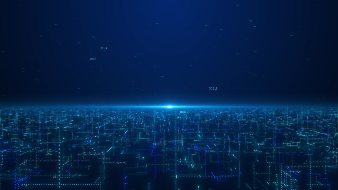 Digital grid stretches to luminous horizon glowing lines floating numbers data transmission for