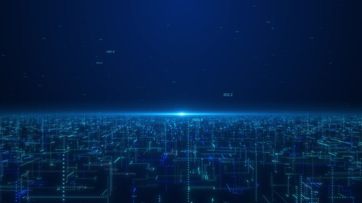 Griglia digitale che si estende verso un orizzonte luminoso, con linee brillanti e numeri fluttuanti, per la trasmissione di dati.
