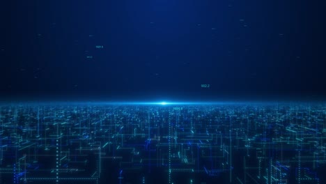 digital grid stretches to luminous horizon glowing lines floating numbers data transmission for