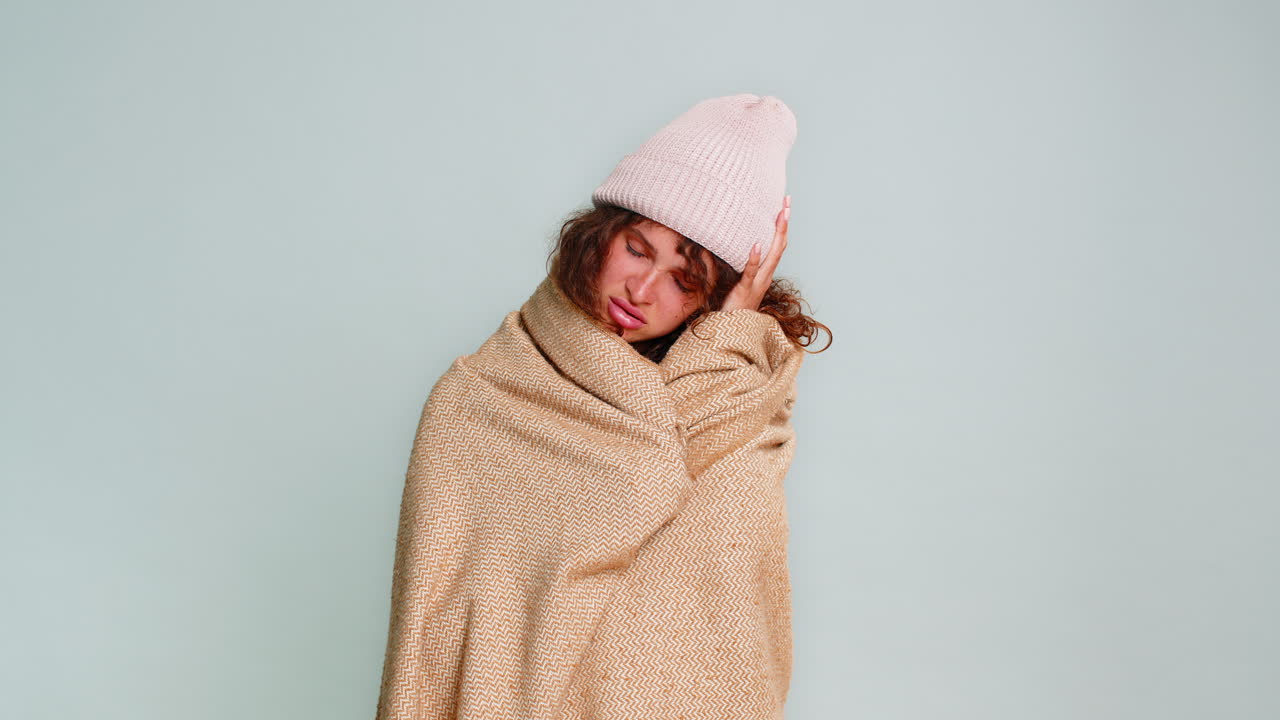 Woman coughing cold symptoms wrapped blanket wearing hat feeling unwell sick flu illness reaction