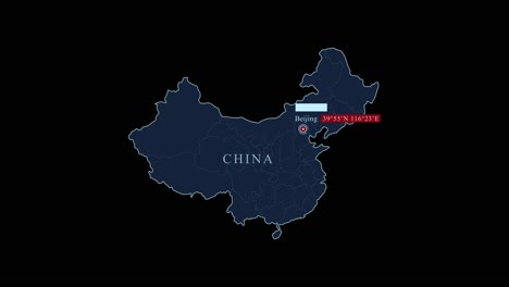 mapa de china estilizado en azul con la capital de pekín y las coordenadas geográficas en fondo negro