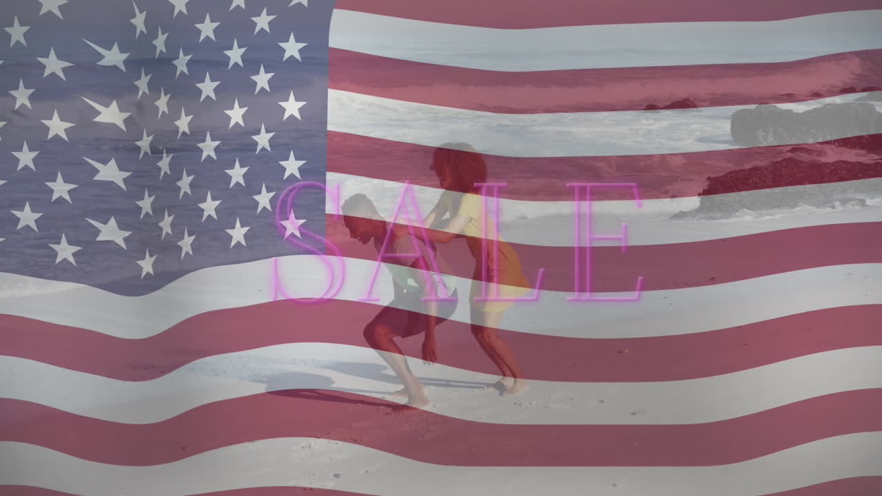 Playing on beach with American flag and SALE text in animation background