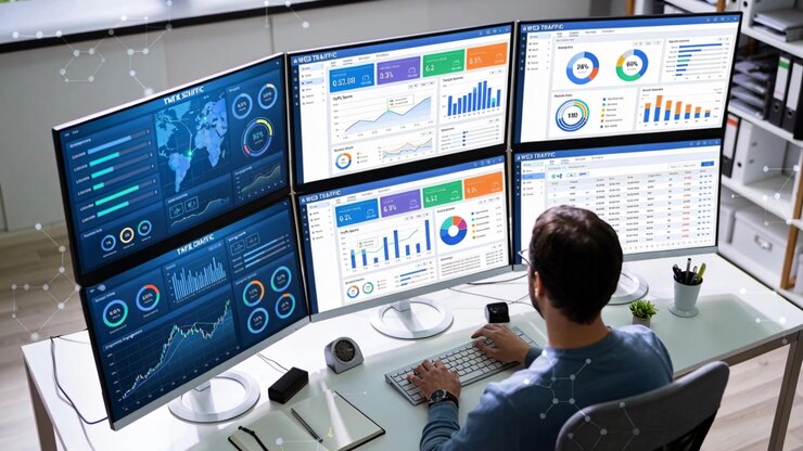 Typing analyst in blue top as dashboards updating on 6-monitor switching keyboard or mouse, copy spa