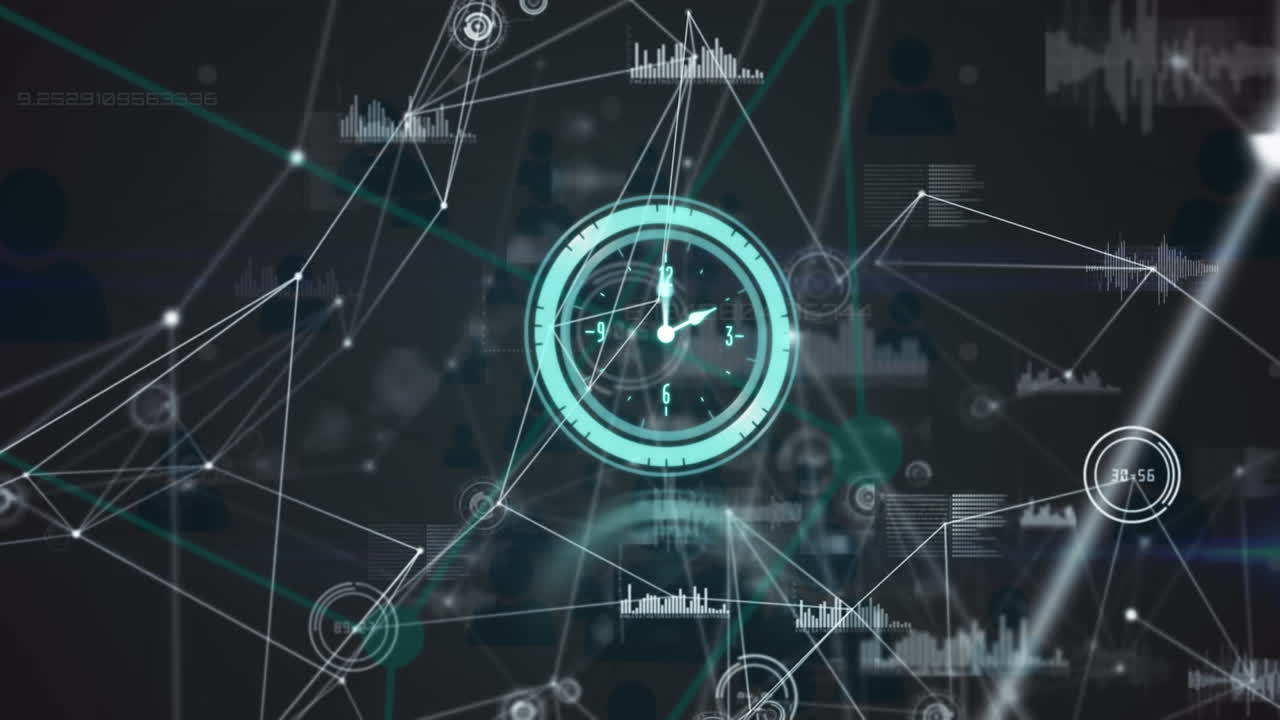 Animazione di reti di connessioni con un orologio che ticchetta.