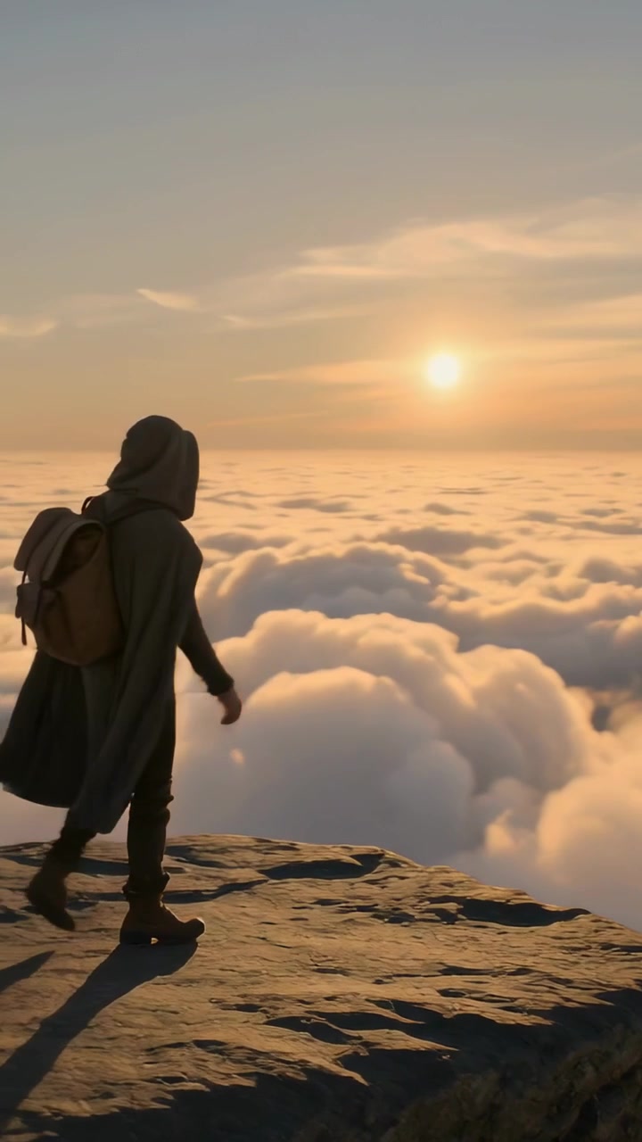 Vídeo vertical: Caminhante entrando pela esquerda, andando na borda com mochila e capuz, pausando para observar o sol sobre as nuvens.