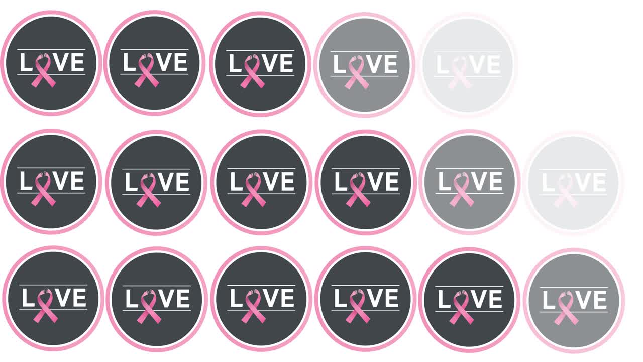 Animazione di più loghi a nastro rosa e della scritta "amore" che appaiono su sfondo bianco