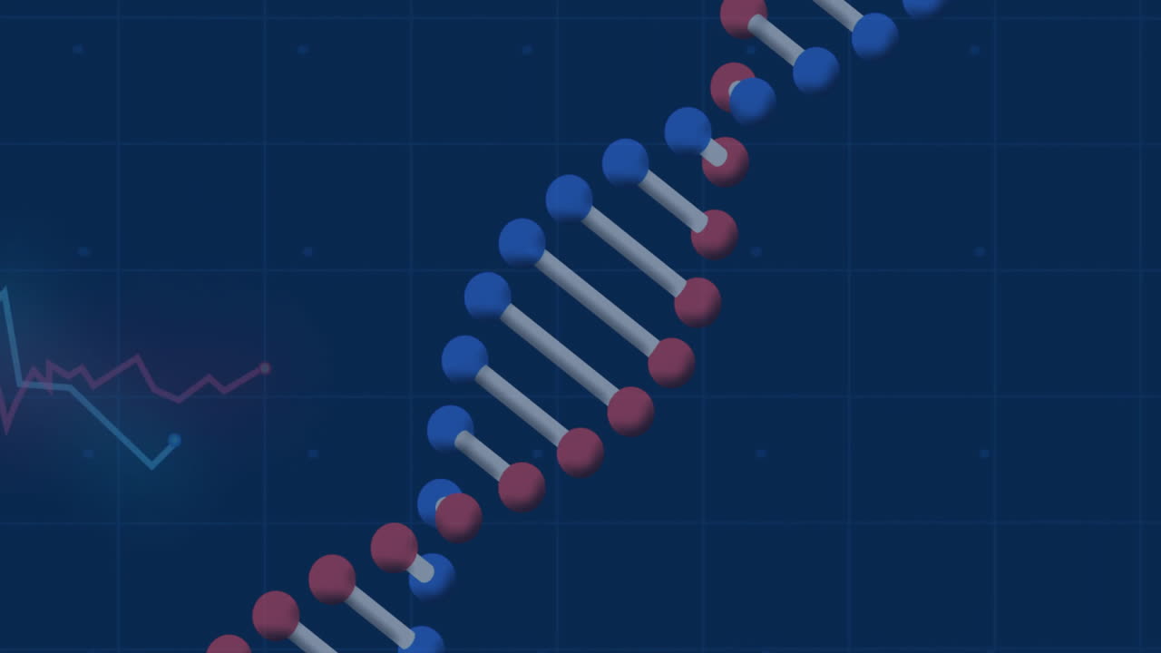 DNA strand animation with molecular structure over blue grid background