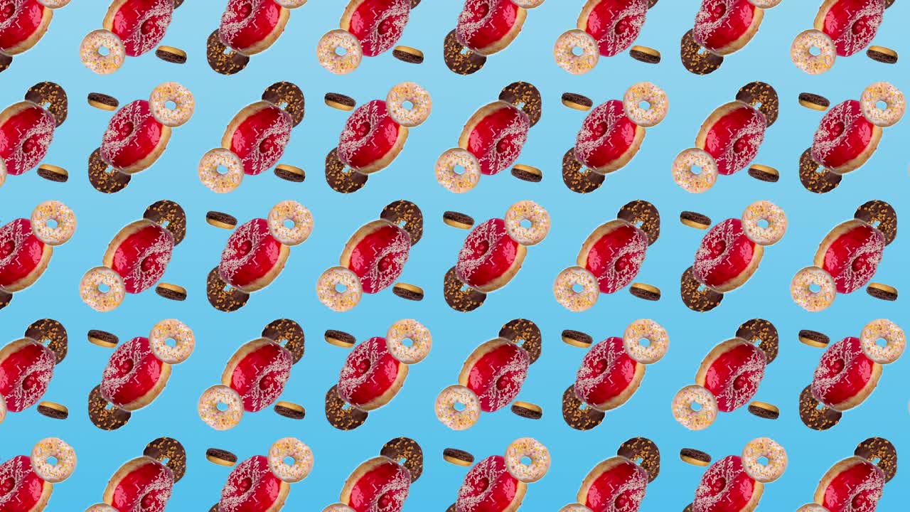 animación abstractamente colorida - diferentes rosquillas se mueven hacia el lado en el fondo de gradiente azul - bucle sin costuras.