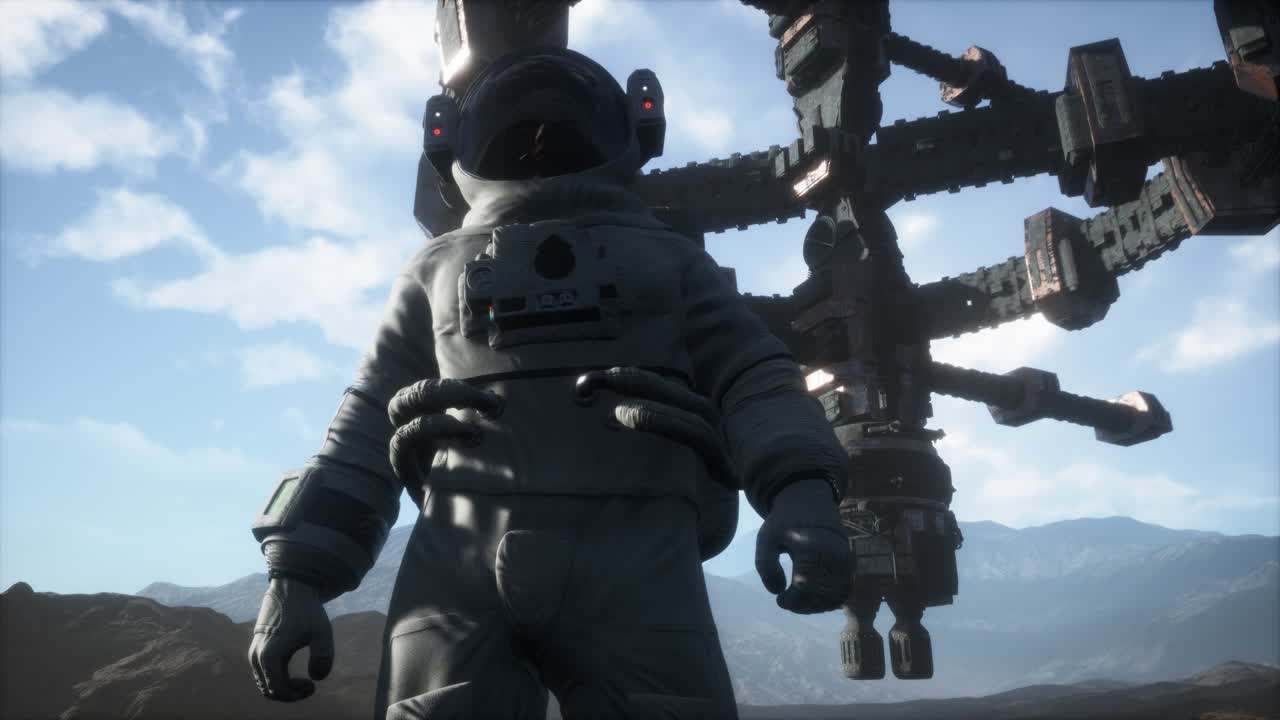 먼지와 안개로 가득 찬 다른 행성의 우주 비행사