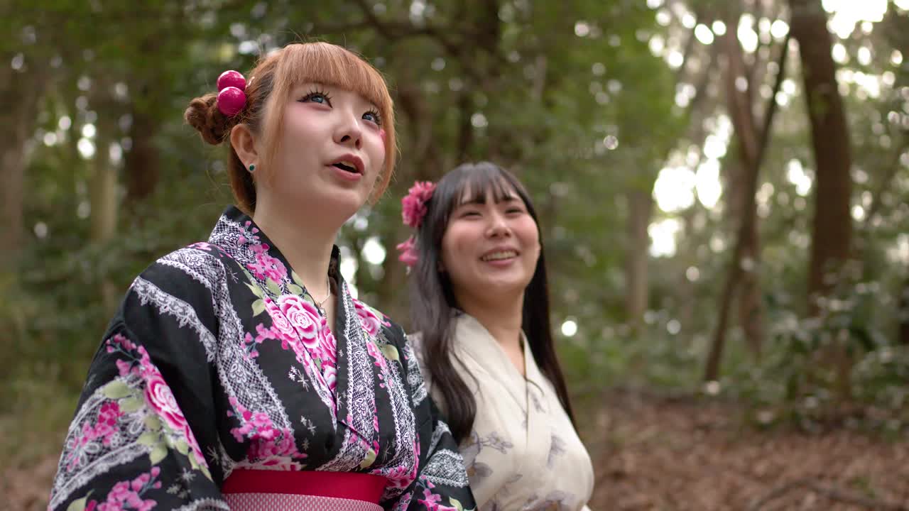 Zwei Frauen in traditionellen Kimonos gehen durch einen üppigen Waldpark unter sanftem natürlichem Licht.