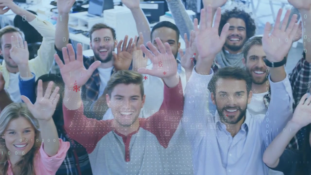 Business team waving to greet camera after camera widening, with floating icons overlaying team