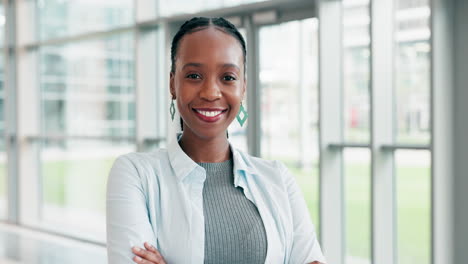 Face,-smile-and-arms-crossed-with-a-business-black