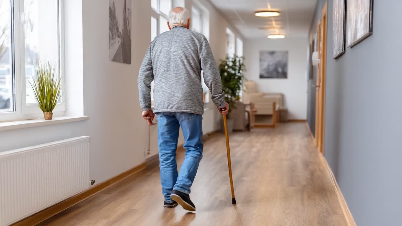 Un uomo anziano cammina con un bastone lungo un corridoio ben illuminato, incarnando resilienza e indipendenza mentre si muove in un ambiente sereno e pieno di luce naturale.