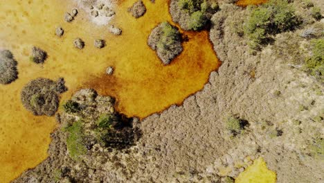 aerial of marshland with sulfur deposits creating vivid yellow and brown tones