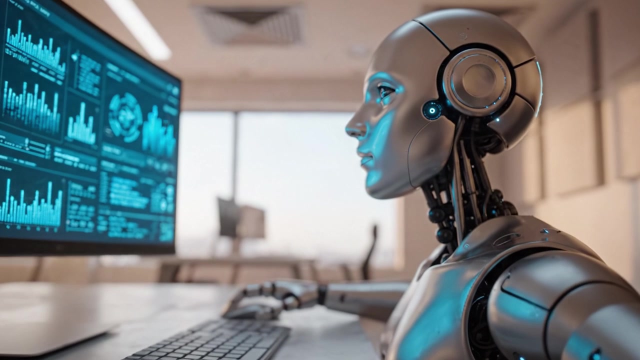 Futuristic robotic assistant analyzing data on a high-tech computer screen in a modern office environment, showcasing advanced artificial intelligence and technology.