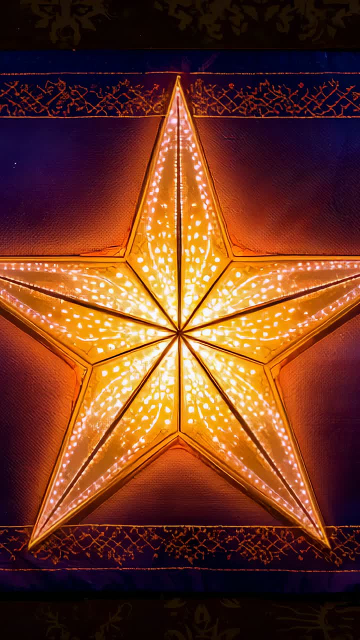 Vertical video: Pulsing five-point star with LED array driving color shifts for decor on wall