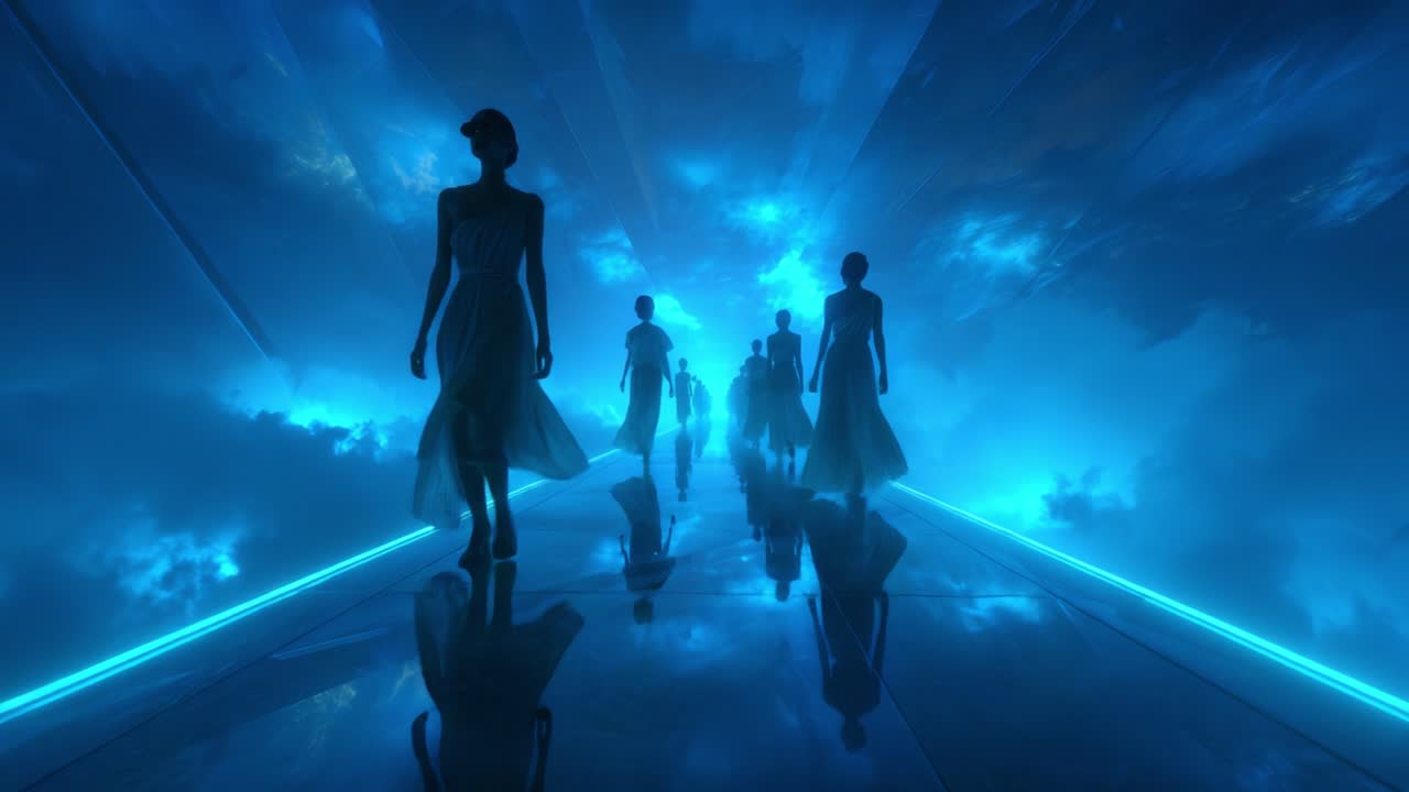 Futuristic Fashion Runway with Silhouetted Models