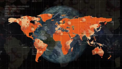 Animación-De-La-Propagación-Del-Coronavirus-Covid-19,-Giro-Del-Globo-Y-Mapa-Mundial-Con-Procesamiento-De-Datos