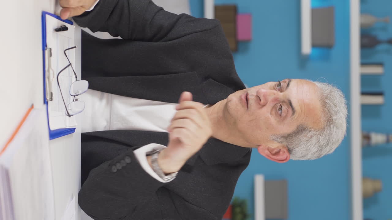 video vertical de un trabajador de oficina en casa pensando con preocupación.